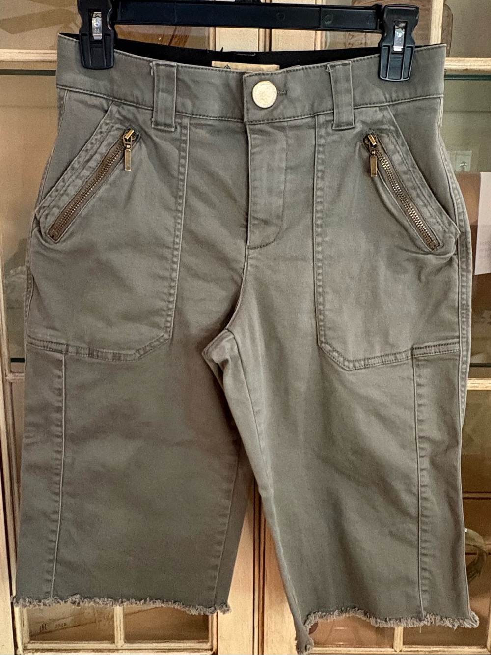 Democracy Olive Green Cargo Bermuda Shorts with Zip Pockets